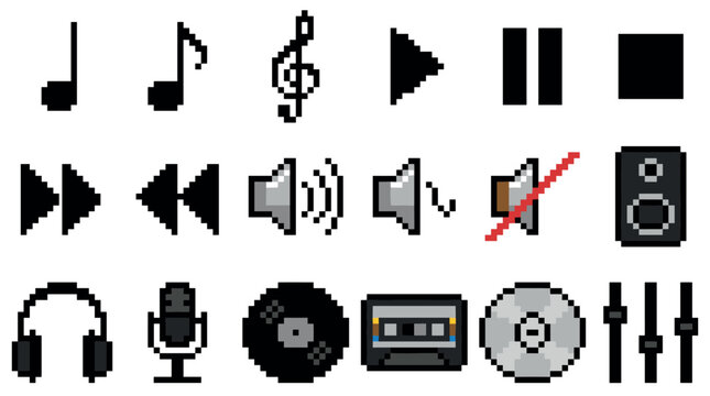 Set of pixel art music icons for audio players and sound interfaces, featuring buttons like play, pause, and volume controls in a retro 8-bit video game style