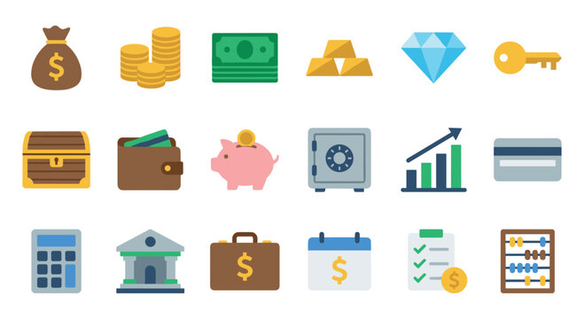 Large collection of colorful finance icons representing money, banking, investment, and wealth in a simple flat design style with various business and economy symbols