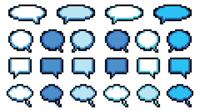 Collection of blue pixel art speech bubbles in various shapes like circles, squares, and clouds for retro video game dialogue or chat interfaces