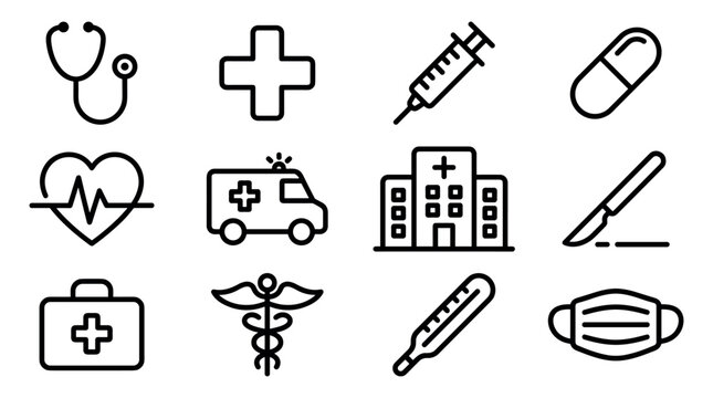 Set of twelve black line art medical icons representing healthcare and emergency services, including a stethoscope, syringe, ambulance, hospital, pill, and caduceus symbol