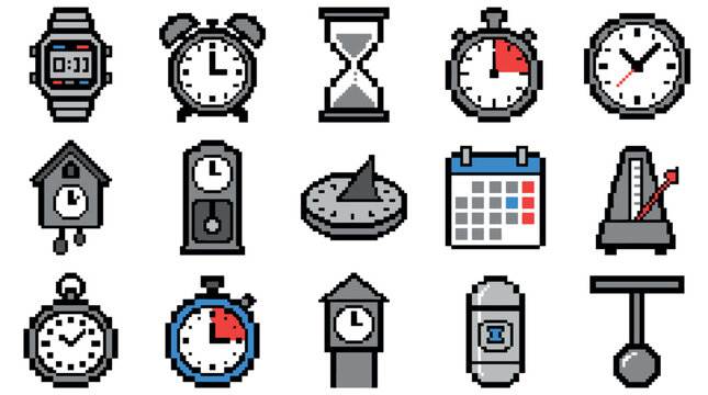 Collection of pixel art time icons featuring various clocks, watches, and timekeeping devices in a retro 8-bit video game style graphic set for design elements