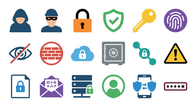 Set of colorful cybersecurity and data protection icons representing concepts like hacking, privacy, encryption, and network safety in a flat vector illustration style