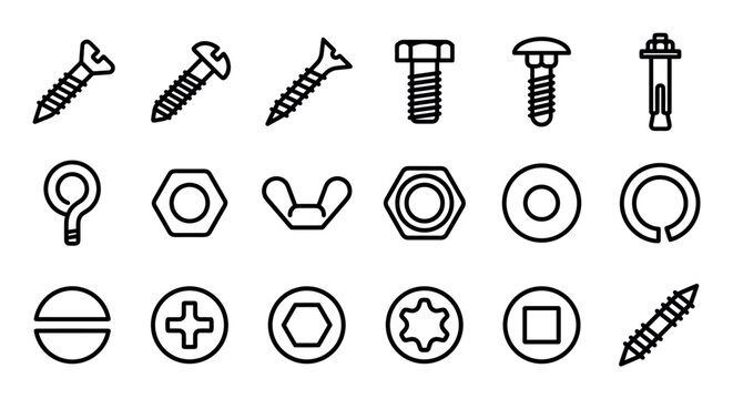 Collection of black line art icons showing various hardware fasteners like screws, bolts, nuts, and washers, presented as a minimalist vector illustration set for construction or DIY themes