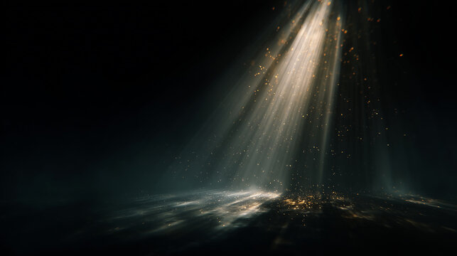 Ethereal Divine Light Rays with Golden Sparkling Particles in Deep Abyss