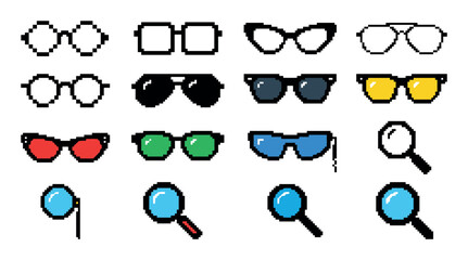 Diverse set of pixel art glasses and magnifying glass icons in a retro 8-bit style, showcasing various colorful eyewear designs like aviators and cat-eye frames