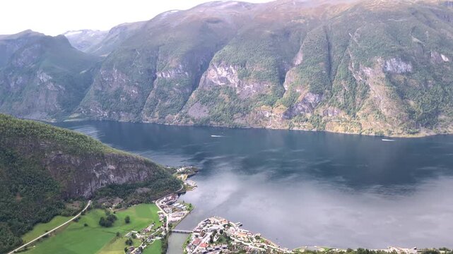 Beautiful panoramic views of Norway Aurlands fjord from Stegastein Viewpoint in a cloudy day 