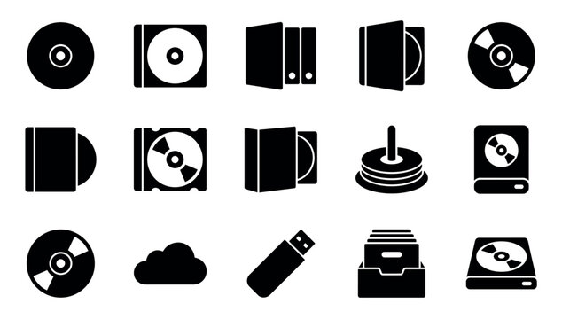Set of black solid glyph icons representing data storage devices and media like CD, DVD, USB flash drive, cloud computing, and archival binders for digital information