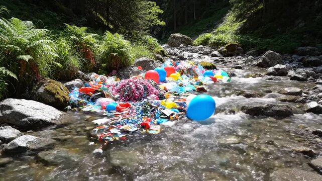 Environmental pollution in natural stream with colorful plastic debris floating downstream showing ecological damage and waste accumulation affecting