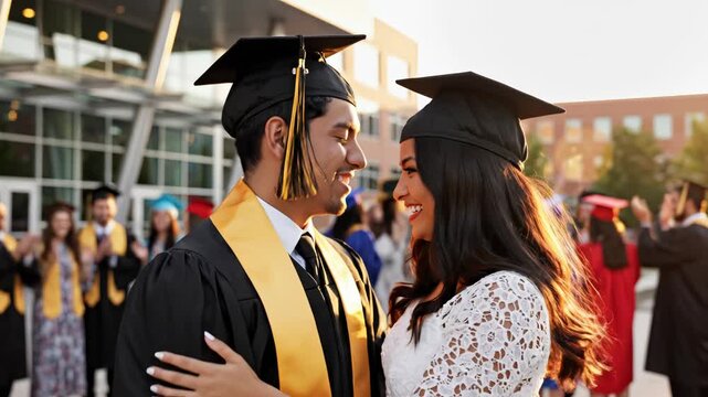 Graduating couple embracing outdoors