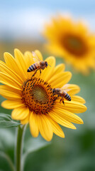 Obraz premium Macro shot of sunflower with bees and vibrant yellow petals in bloom