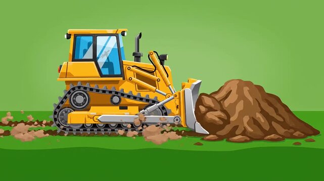 A yellow bulldozer is moving a large pile of dirt in a green field from a side viewpoint