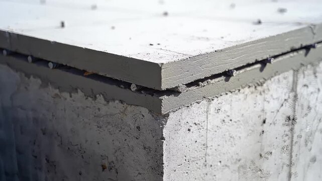 Close-up of concrete blocks being stacked with cement, slow motion, representing construction and building processes, symbolizing development and infrastructure growth