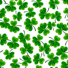 St. Patrick's day seamless pattern with green shamrock leaves on a white background. Vector seamless print