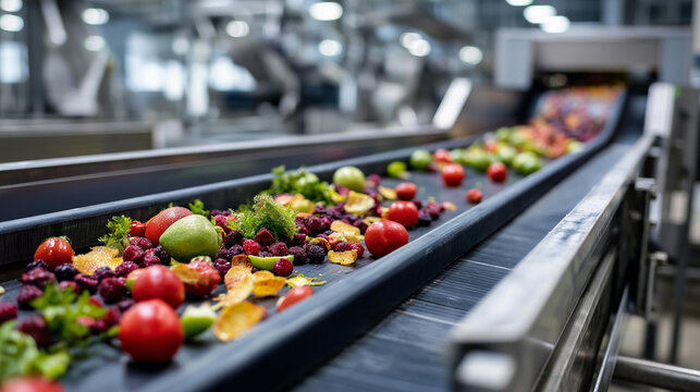 Organic waste including fruit peels and vegetable scraps flowing along conveyor belt, modern recycling plant with automated sorting machines nearby, waste processing scene,