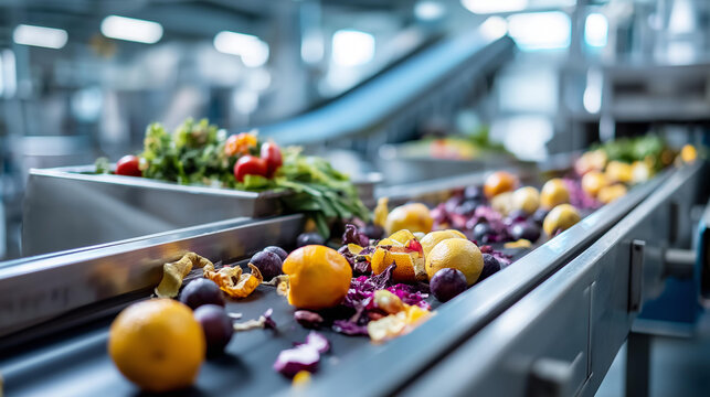 Organic waste including fruit peels and vegetable scraps flowing along conveyor belt, modern recycling plant with automated sorting machines nearby, waste processing scene,