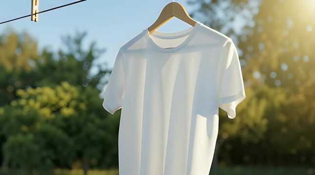 Crisp white cotton t-shirt hanging freshly laundered on a wooden clothes hanger drying naturally outdoors under bright sunshine illuminating soft fabric folds.
