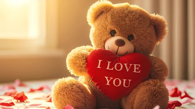 Adorable fluffy brown teddy bear holding a bright red heart pillow inscribed with i love you sits warmly bathed in soft morning sunlight indoors.
