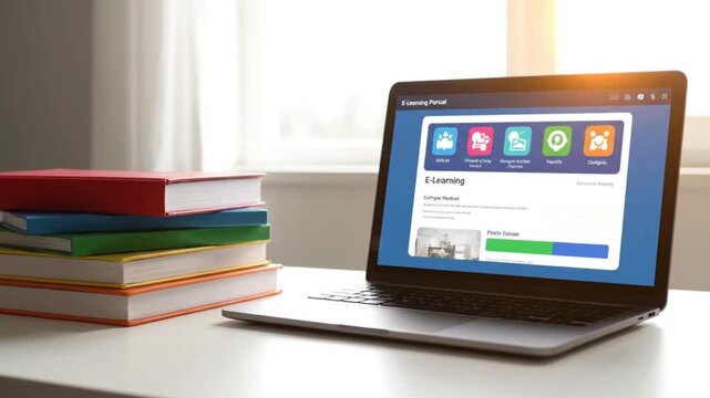 Laptop on a white desk with a stack of colorful books beside it, displaying a website on its screen in a bright room.