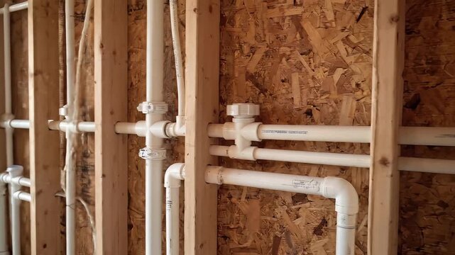 Exposed Plumbing System in Unfinished Wooden Wall with PVC Pipes and Fittings, Slow Motion Panning Shot, symbolizing construction and infrastructure development