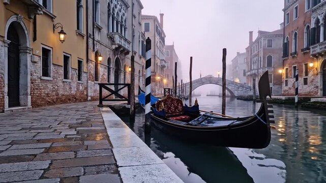 Venice canal gondola bridge architecture, misty morning, romantic travel