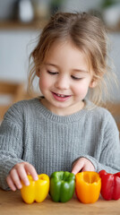 Fototapeta premium Joyful child exploring colorful bell peppers for world vegetarian day celebration