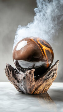 Dramatic nitrogen chocolate sphere dessert on artistic wooden base