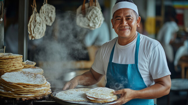 Traditional filipino baker preparing bibingka and puto bumbong outdoors