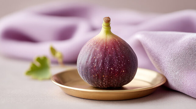 Fresh fig presentation on brass plate with reflective backdrop for elegant display
