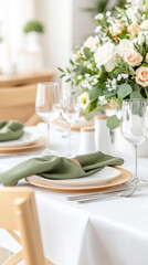 Fototapeta premium Elegant dining table setting with ceramic plates and linen napkins for celebrations