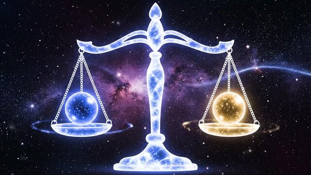 Glowing astrological Libra scale balancing colorful cosmic orbs against a dark starry galaxy background, representing justice and balance.
