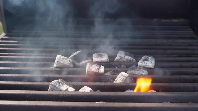Charcoal briquettes ignite on a grill grate producing smoke and flames preparing for a barbecue. 4k Footage Video