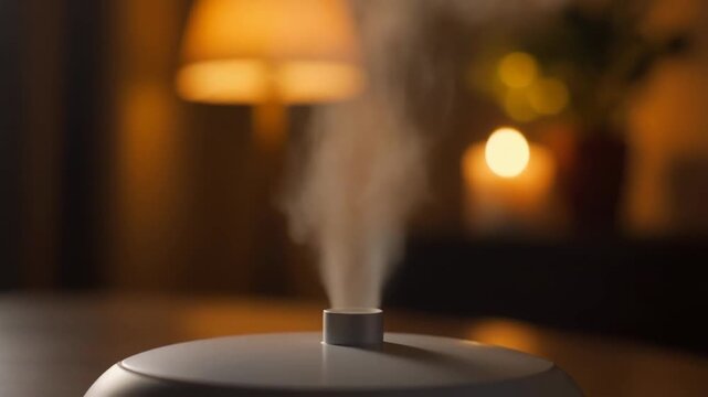 Close up of a humidifier emitting a stream of mist in a dimly lit room. 4k Footage Video
