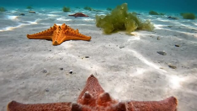 Vibrant orange starfish on ocean floor with seaweed and rocky terrain