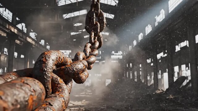 rusty chain in abandoned industrial building, decay and destruction