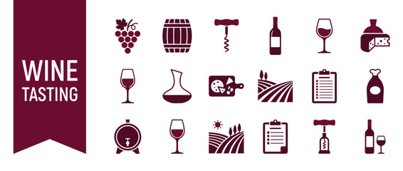 Wine Tasting Icon Set Featuring Grapes, Barrels, Corkscrews, Bottles, Glasses, Cheese, Decanters, and Vineyards. Flat Vector Illustration for Winery Tours, Sommelier Events, and Wine Festivals.