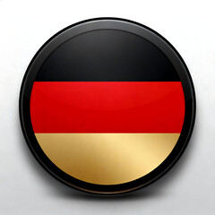 Obraz premium A glossy, circular button featuring the national flag of Germany with black, red, and metallic gold stripes, casting a shadow on a light background.