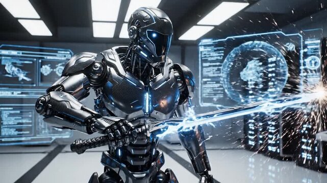 Futuristic knight fighting with lightsaber in high-tech control room with screens and digital interfaces