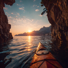 Breathtaking Kayaking Adveture: Embrace the Tranquilty and Beauty of a Sunset addle, Immersed in Nature' Splendor and the Serenityof Water Illuminated by th Golden Horizon