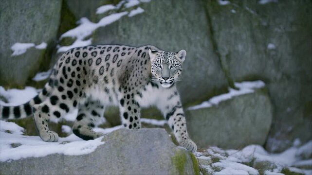 A snow leopard walks on rocky terrain covered with snow