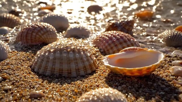 Seashells scattered on a sunlit beach with one open shell