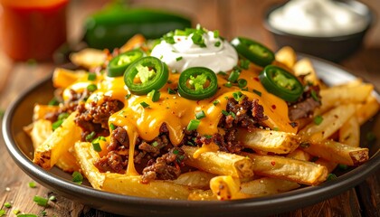 Loaded Tex-Mex Cheese Fries Close Shot. Traditional Tex-Mex Food