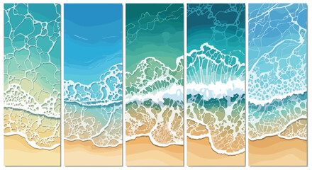 Cartoon sea wave on beach sand top view, tropical vacation and summer travel poster backdrop, ocean shore vector illustration set for summer, beach, holiday, travel, and tropical design projects © PrimePixel Co