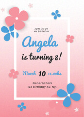 Cute Kids Birthday Invitation Card with Colorful Floral Paper Cut Design