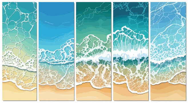 Cartoon sea wave on beach sand top view, tropical vacation and summer travel poster backdrop, ocean shore vector illustration set for summer, beach, holiday, travel, and tropical design projects