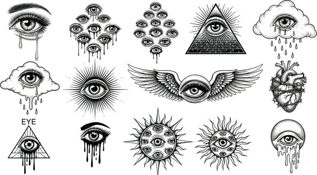 Esoteric groovy deformed human eyes sketches for tattoos and prints, female eye with radioactive pupil, eyeball with mushroom, melting eyes with tears, psychedelic hand-drawn vector illustration set