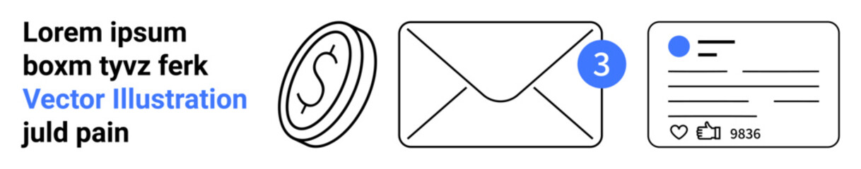 Obraz premium Digital communication, email notifications, social media interactions, online payments, finance, messaging apps. Coin, email with notification social media card. Email notifications and social media