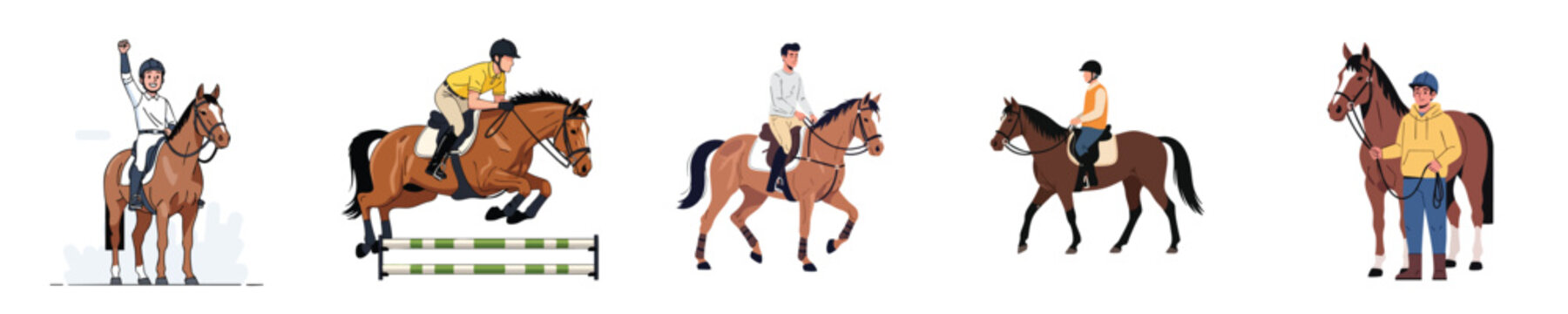 Horse Riding Equestrian Sport Training Jumping Outdoor Flat Vector Set