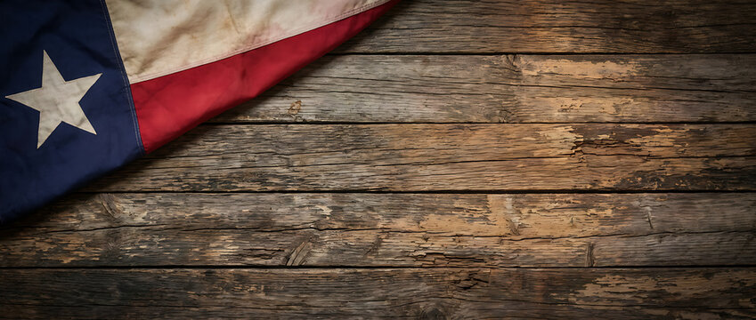 A rustic Texas flag with a single white star and red stripe draped over a weathered wooden background, evoking a sense of history and patriotism.