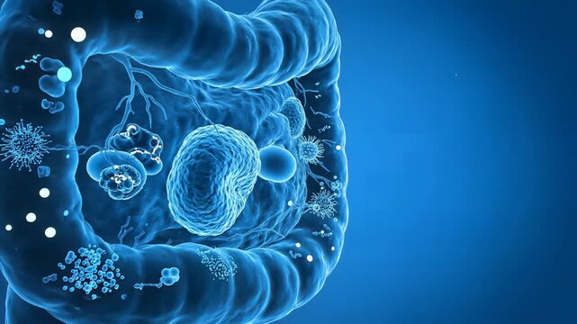 Cinematic 3D Human Intestine with Gut Microbiome and Probiotics Zoom Out