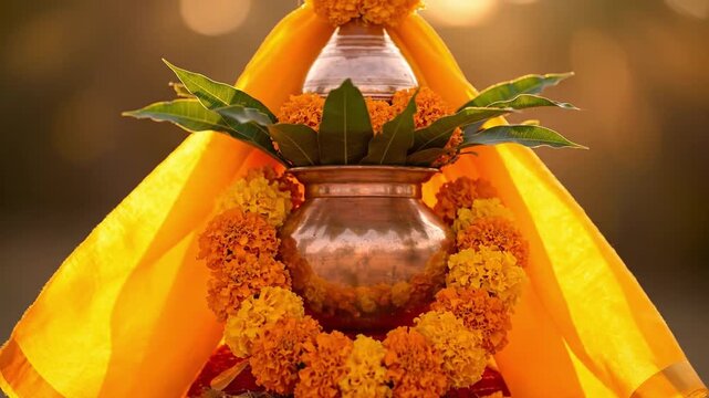 A copper pot adorned with vibrant orange flowers and green leaves, wrapped in a bright yellow cloth, symbolizing a traditional Indian Ugadi or Gudi Padwa celebration with a festive and cultural mood.